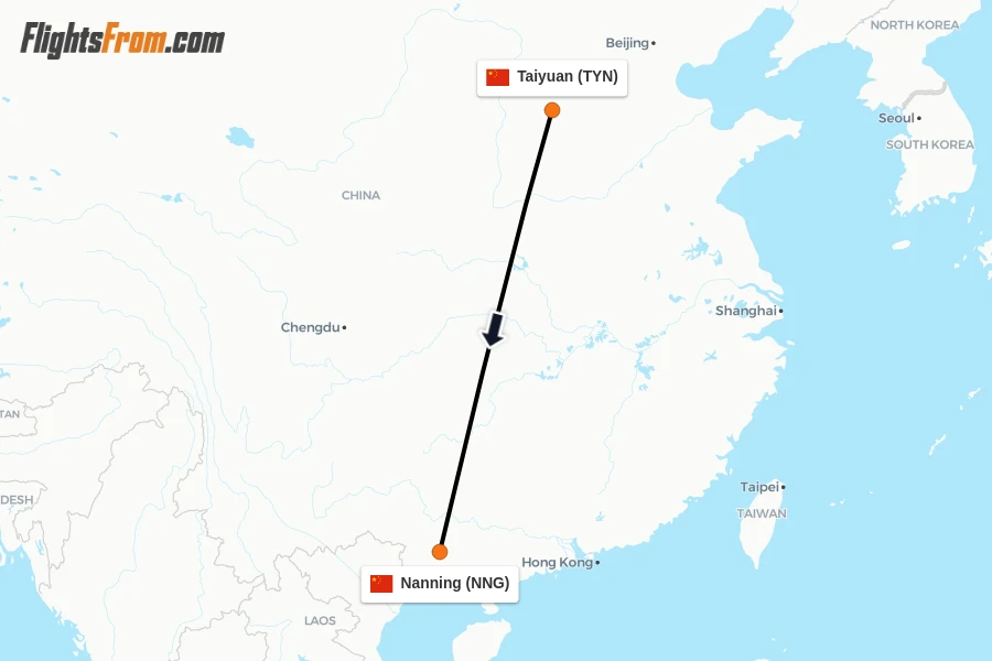 Flights from Taiyuan to Nanning route map
