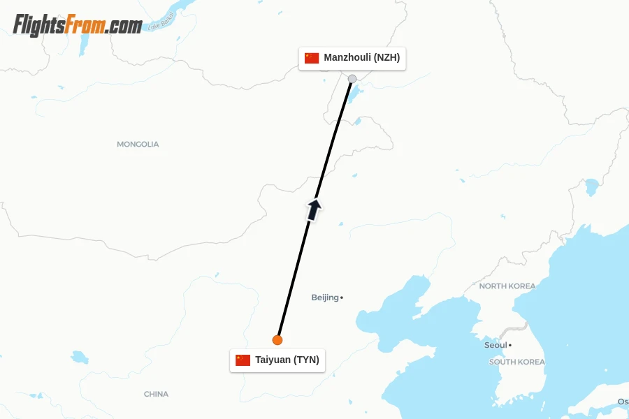 Flights from Taiyuan to Manzhouli route map