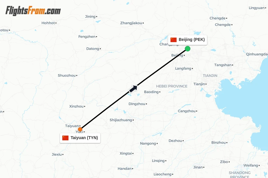 Flights from Taiyuan to Beijing route map