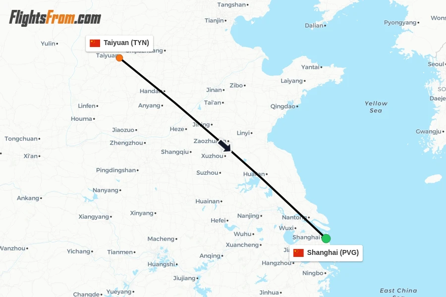 Flights from Taiyuan to Shanghai route map
