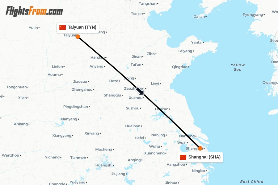 Flights from Taiyuan to Shanghai route map