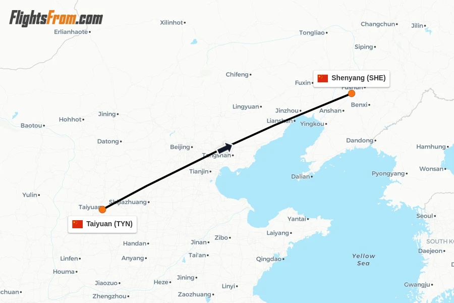Flights from Taiyuan to Shenyang route map