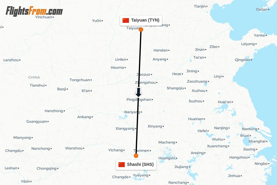 Flights from Taiyuan to Shashi route map