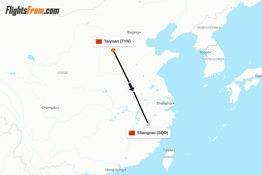Flights from Taiyuan to Shangrao route map