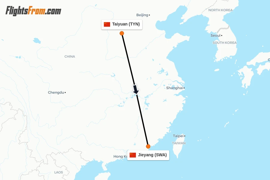 Flights from Taiyuan to Jieyang route map