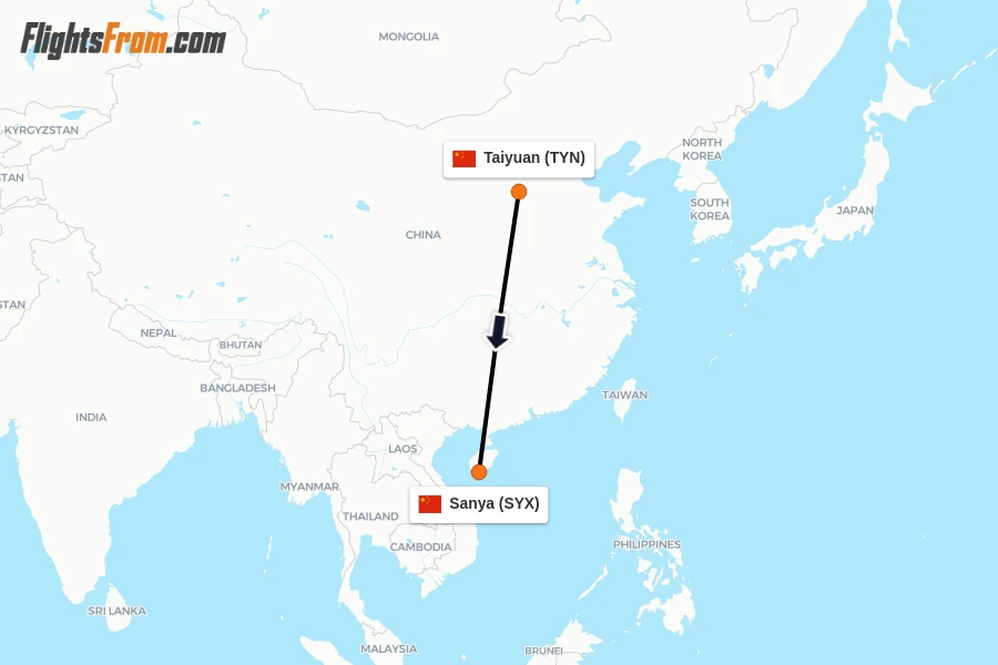 Flights from Taiyuan to Sanya route map