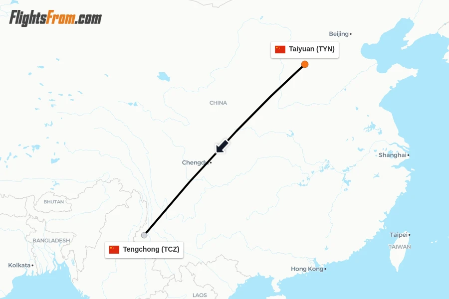 Flights from Taiyuan to Tengchong route map