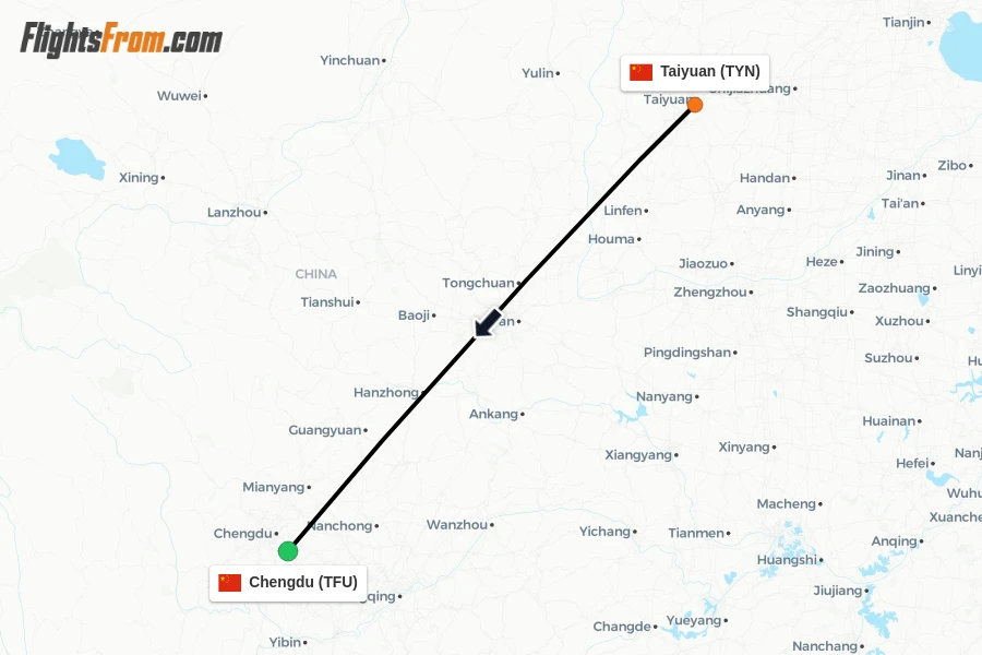 Flights from Taiyuan to Chengdu route map