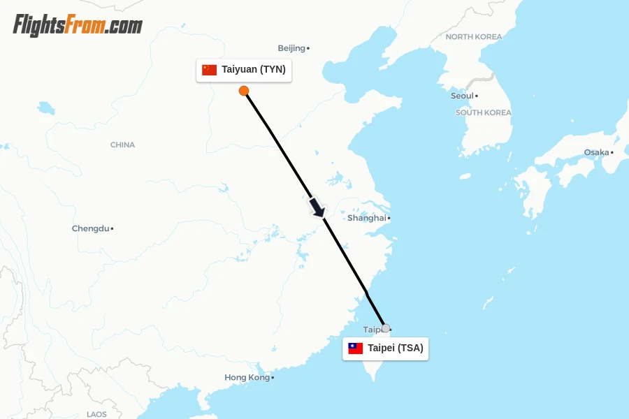 Flights from Taiyuan to Taipei route map