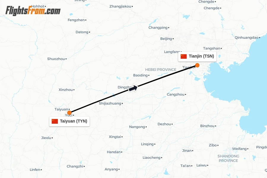 Flights from Taiyuan to Tianjin route map