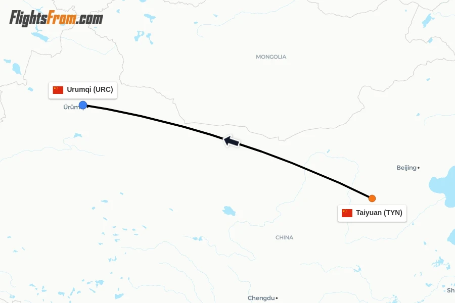 Flights from Taiyuan to Urumqi route map