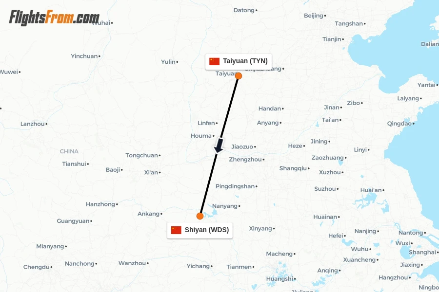 Flights from Taiyuan to Shiyan route map