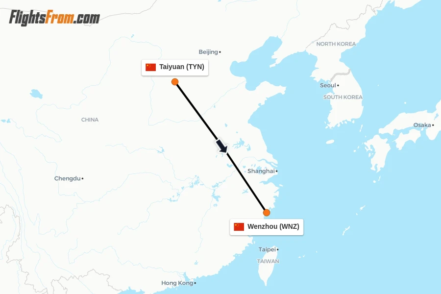 Flights from Taiyuan to Wenzhou route map
