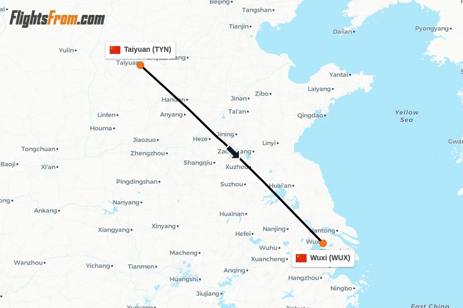 Flights from Taiyuan to Wuxi route map
