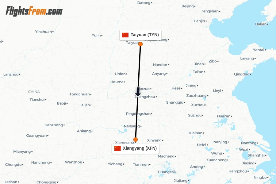Flights from Taiyuan to Xiangyang route map