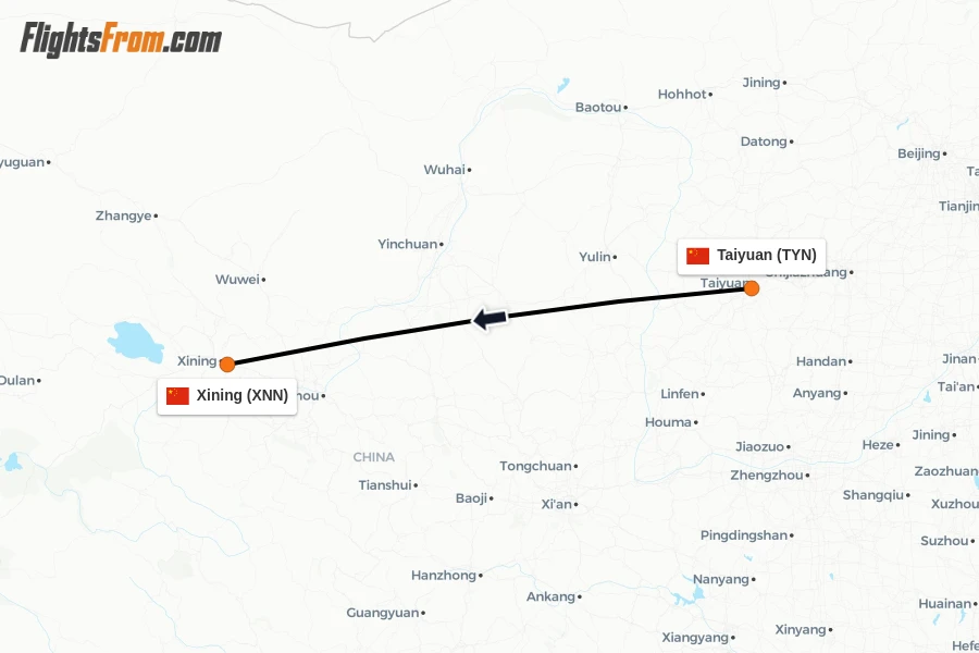 Flights from Taiyuan to Xining route map