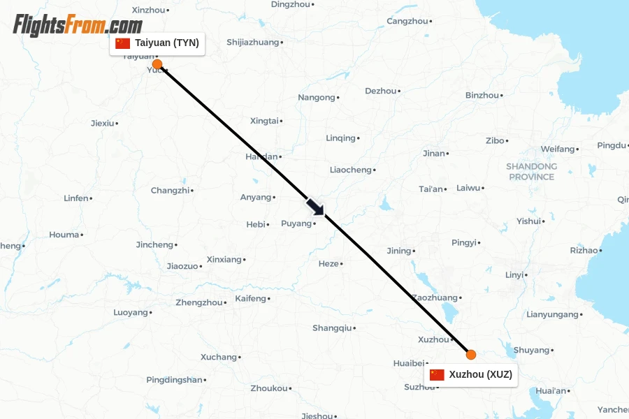 Flights from Taiyuan to Xuzhou route map