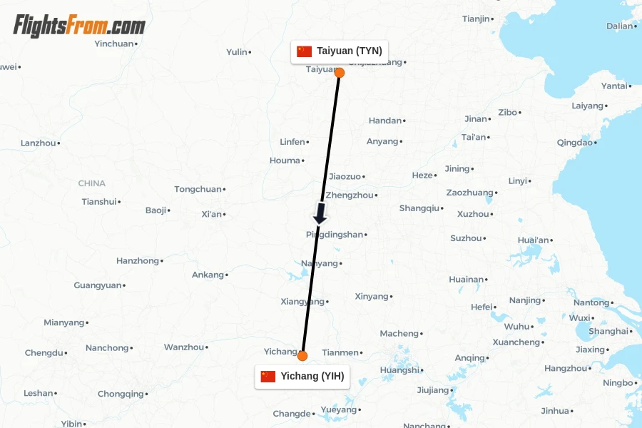 Flights from Taiyuan to Yichang route map