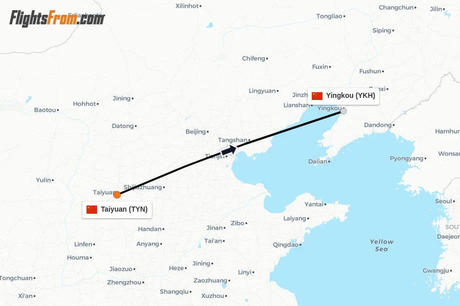 Flights from Taiyuan to Yingkou route map