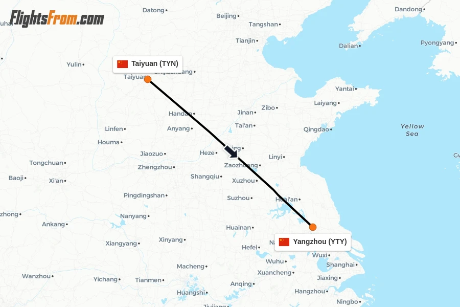 Flights from Taiyuan to Yangzhou route map