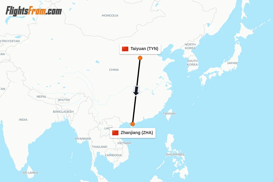 Flights from Taiyuan to Zhanjiang route map