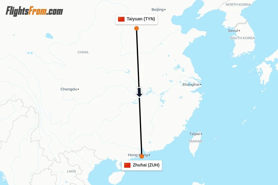 Flights from Taiyuan to Zhuhai route map