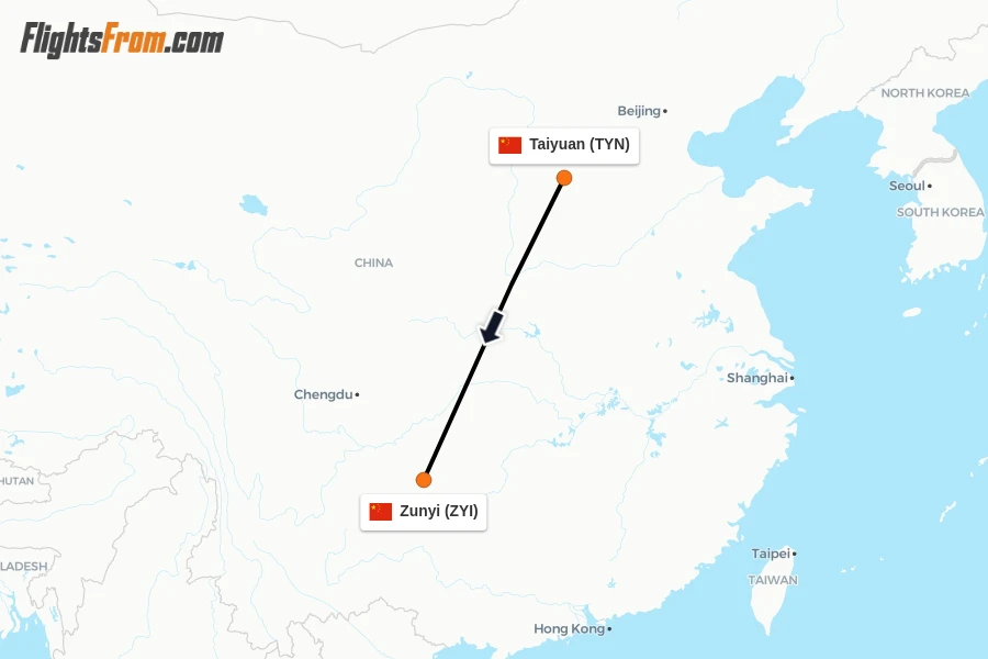 Flights from Taiyuan to Zunyi route map