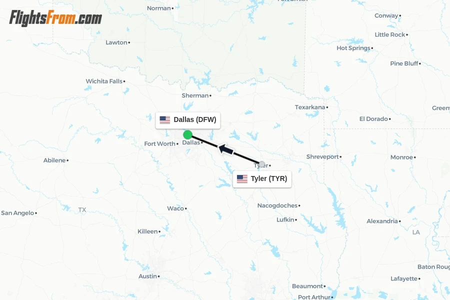 Flights from Tyler to Dallas route map