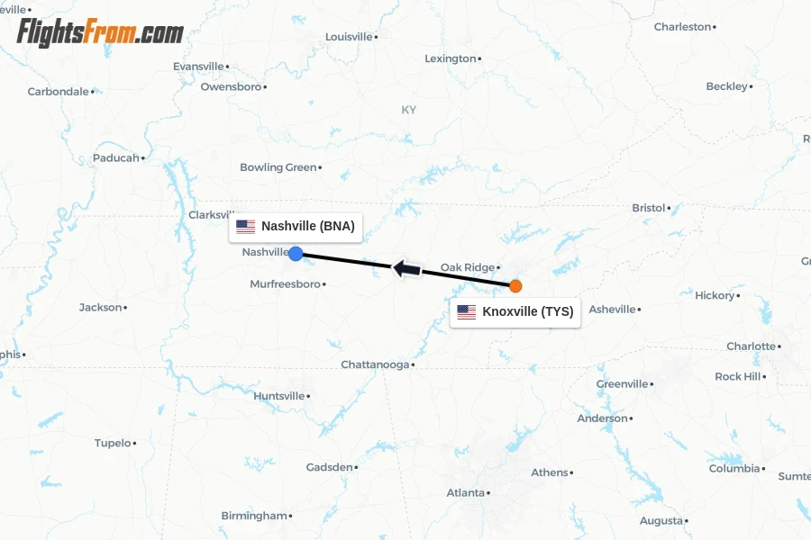 Flights from Knoxville to Nashville route map