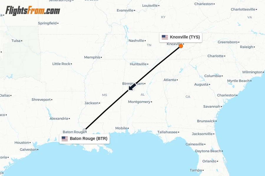 Flights from Knoxville to Baton Rouge route map