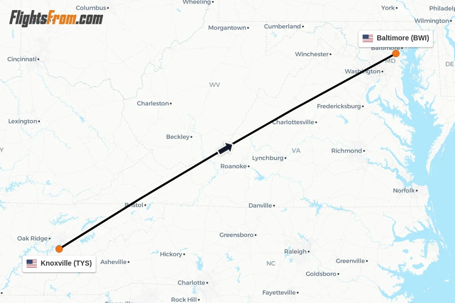 Flights from Knoxville to Baltimore route map