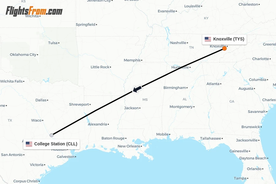 Flights from Knoxville to College Station route map
