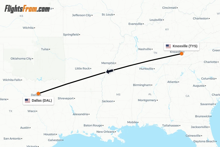 Flights from Knoxville to Dallas route map