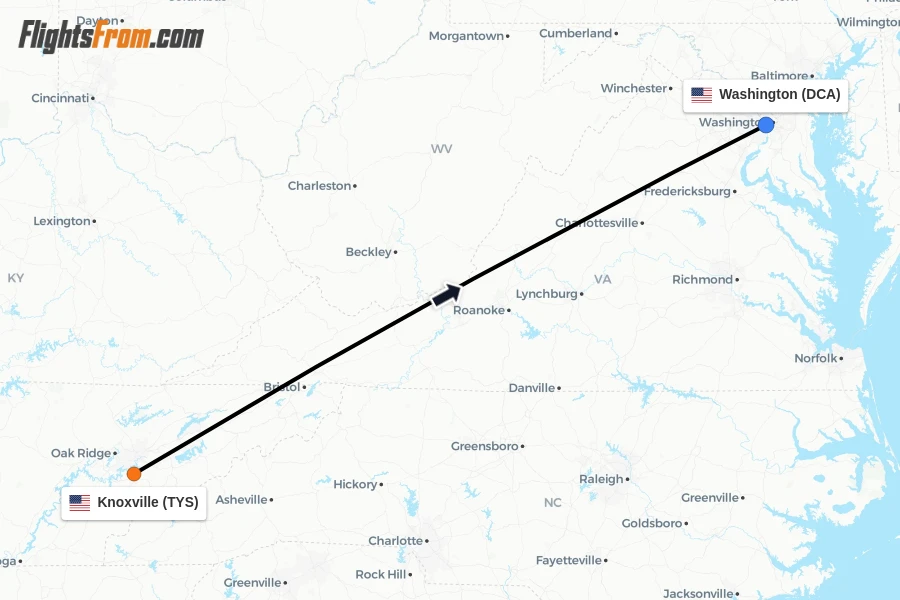 Flights from Knoxville to Washington route map