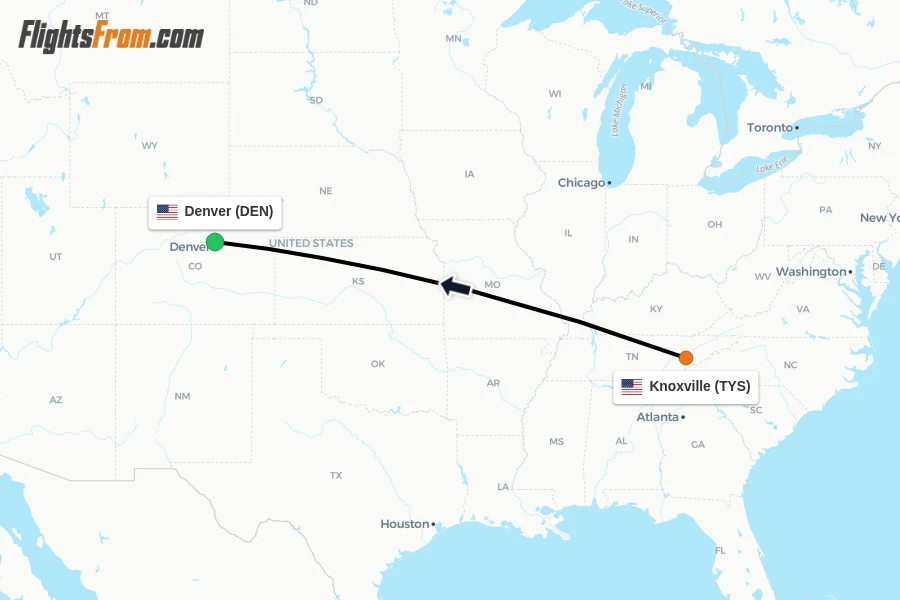 Flights from Knoxville to Denver route map