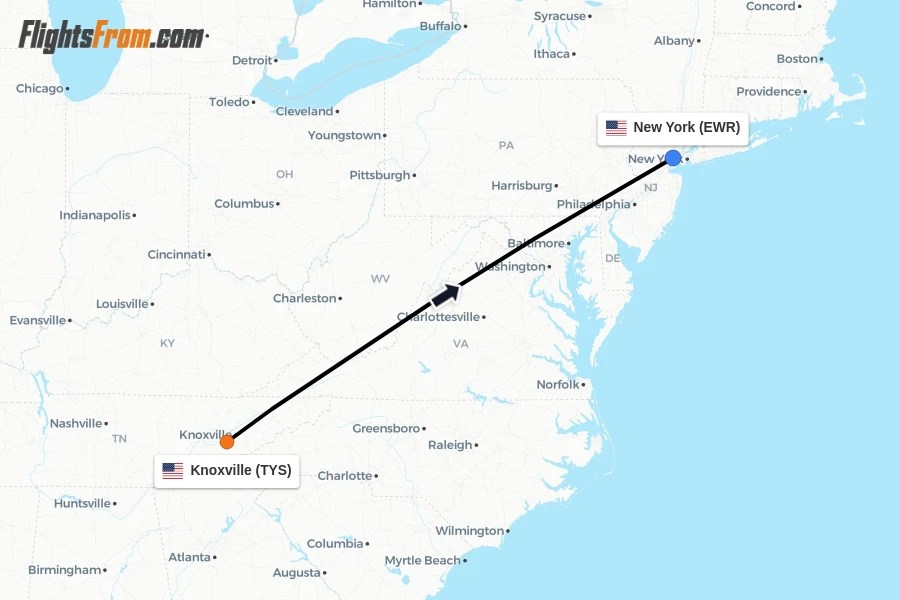 Flights from Knoxville to New York route map