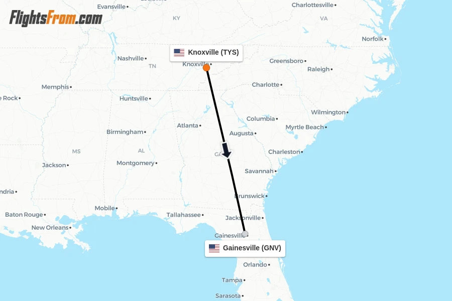 Flights from Knoxville to Gainesville route map