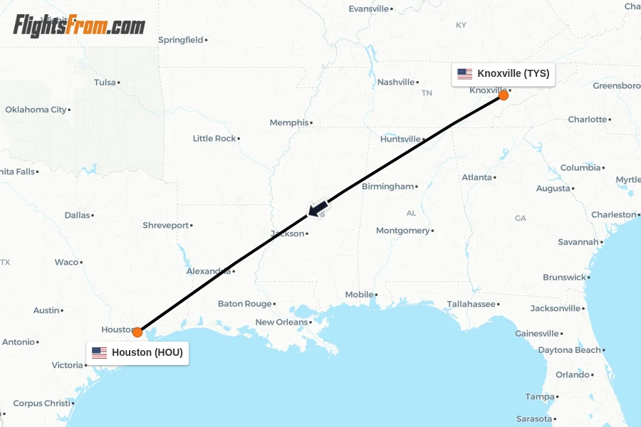 Flights from Knoxville to Houston route map