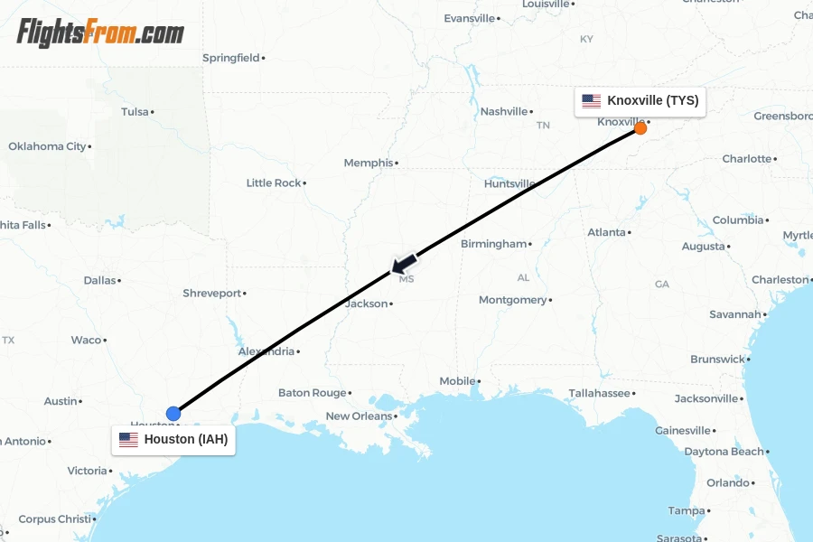 Flights from Knoxville to Houston route map