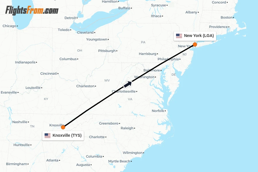 Flights from Knoxville to New York route map