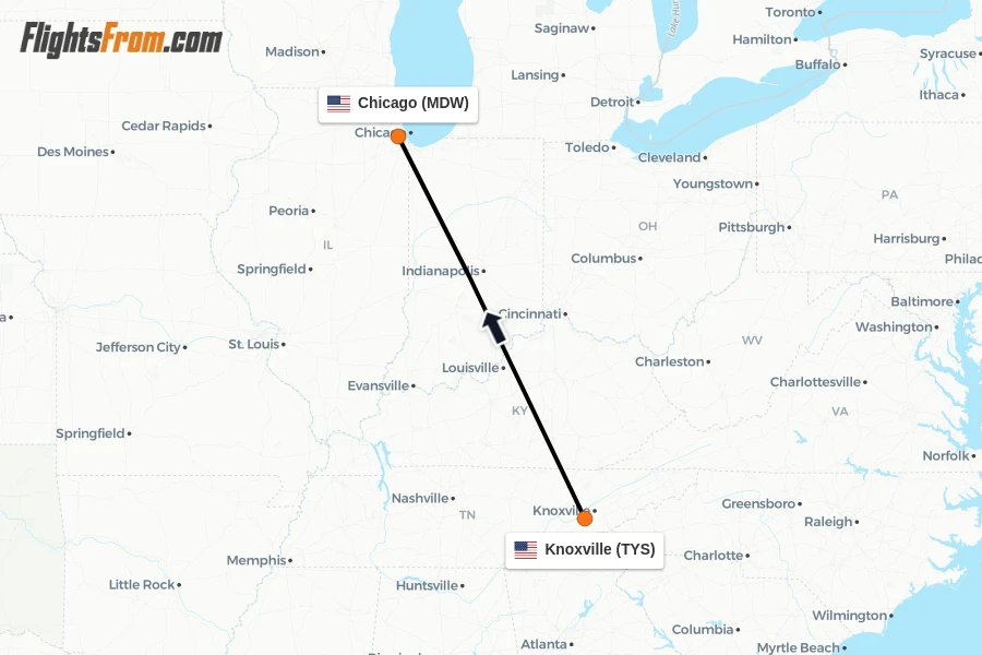 Flights from Knoxville to Chicago route map