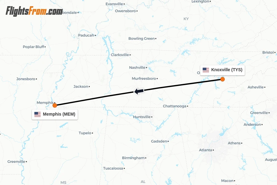 Flights from Knoxville to Memphis route map