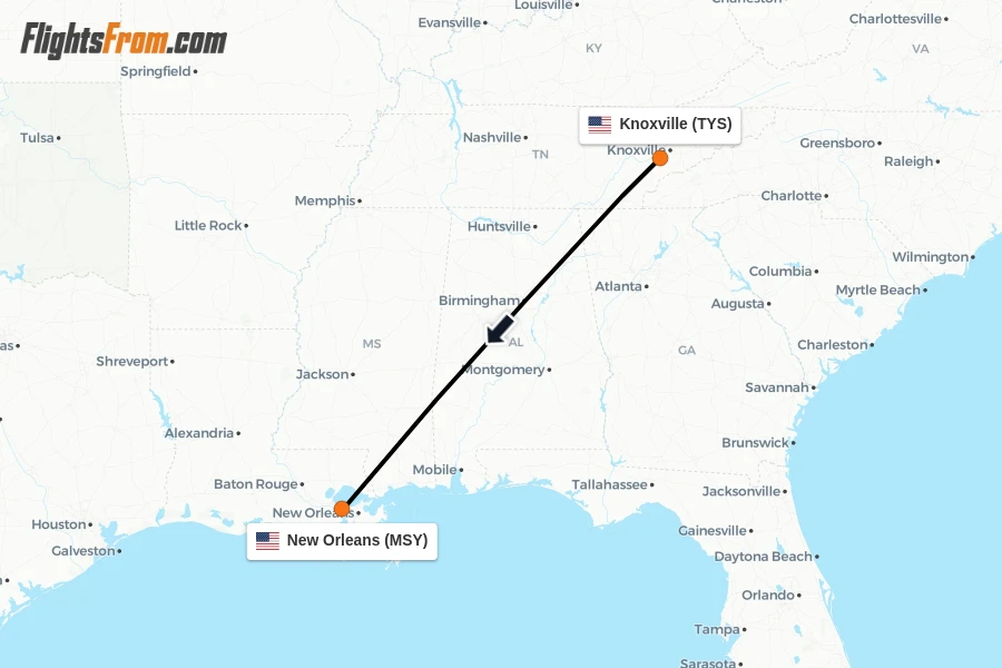 Flights from Knoxville to New Orleans route map