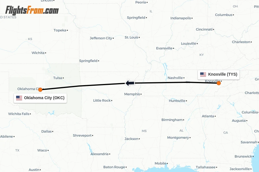 Flights from Knoxville to Oklahoma City route map