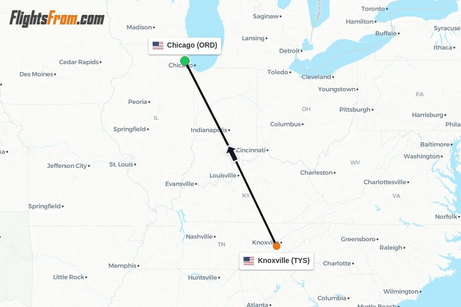 Flights from Knoxville to Chicago route map