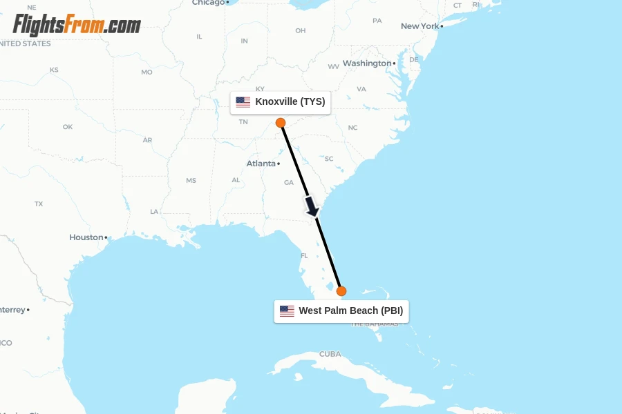 Flights from Knoxville to West Palm Beach route map