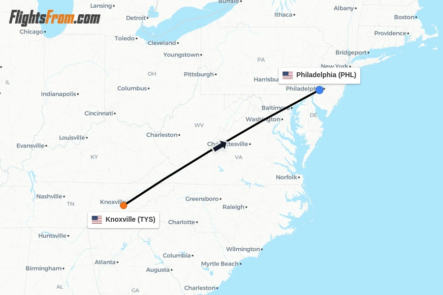 Flights from Knoxville to Philadelphia route map