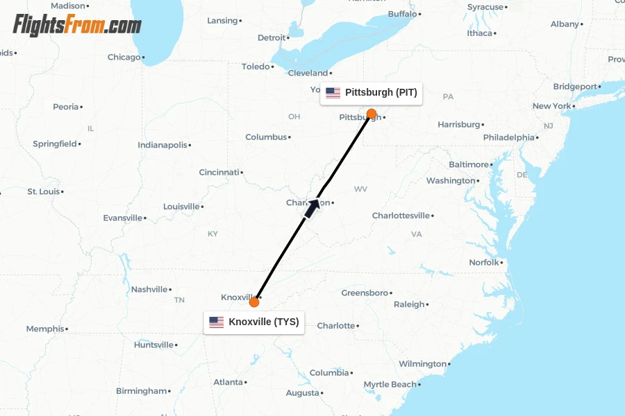 Flights from Knoxville to Pittsburgh route map