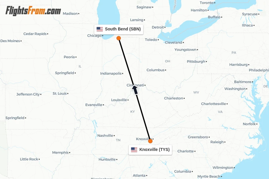 Flights from Knoxville to South Bend route map