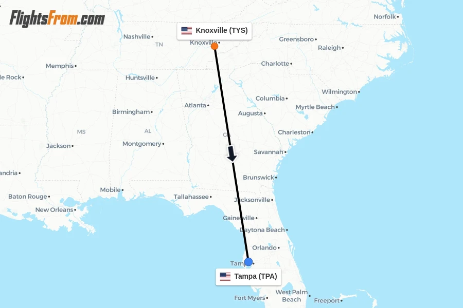 Flights from Knoxville to Tampa route map